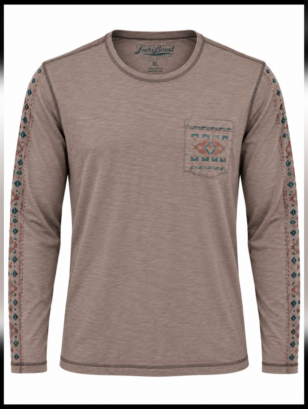 Lucky Brand Men’s XL Brown Aztec Long Sleeve Pocket Shirt Western Boho